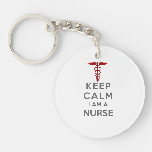 Red Caduceus Keep Calm I am a Nurse Keychain (Front)