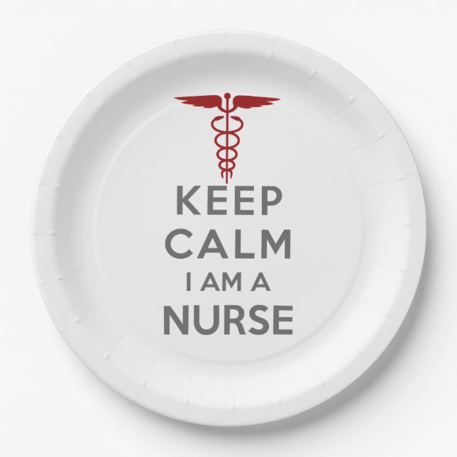 Red Caduceus Keep Calm I am a Nurse Paper Plate (Front)