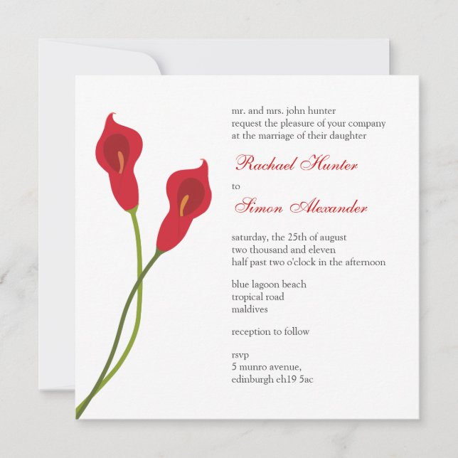 Red Calla Lilies Wedding Invitation (Front)