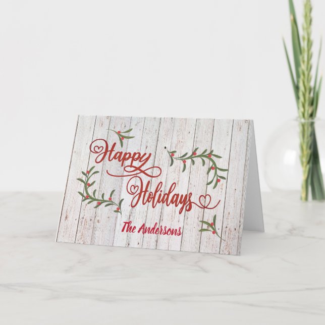 Red calligraphy Happy Holidays holly  Holiday Card (Front)