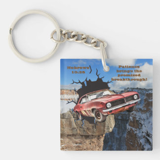 Red Camaro Mountain Cliff Christian Scripture  Keychain