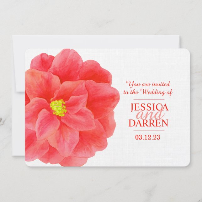 Red camellia flower watercolor wedding invite (Front)