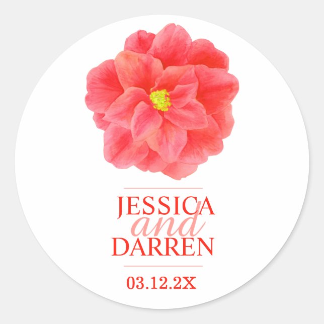 Red camellia flower wedding sticker (Front)