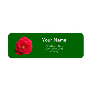 red camellia flowers green address label