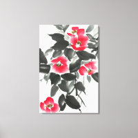 Red camellia sumie ink and watercolor painting