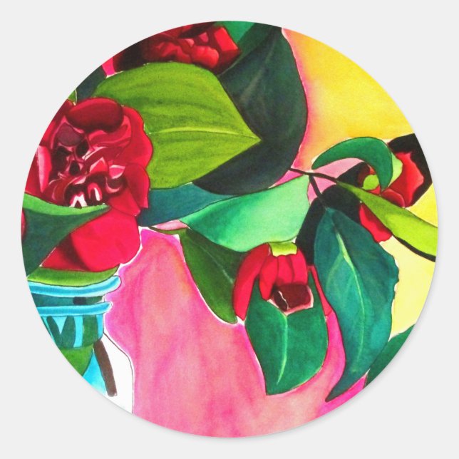 Red Camellias floral wedding Classic Round Sticker (Front)