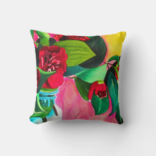 Red Camellias flower art Throw Pillow