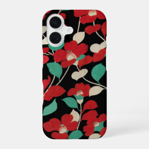 RED CAMELLIAS,WHITE GREEN LEAVES BLACK Dark Floral iPhone 16 Case