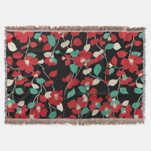 RED CAMELLIAS,WHITE GREEN LEAVES BLACK Dark Floral Throw Blanket
