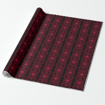 Red Cameo Damask Skulls on Black Wrapping Paper