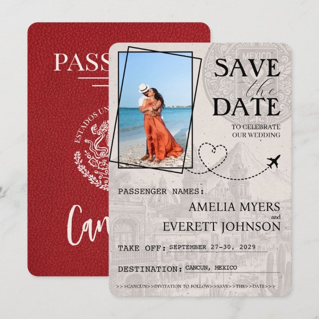 Red Cancun Passport Save The Date (Front/Back)