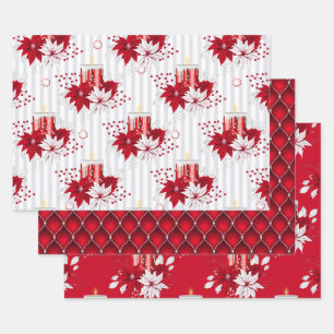 Red Candle & Poinsettia Peppermint Christmas Wrapping Paper Sheet