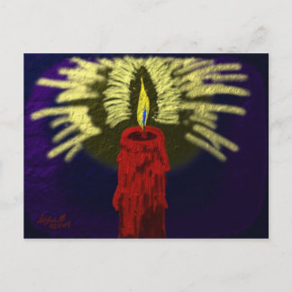 red candle with golden light, night-blue back postcard
