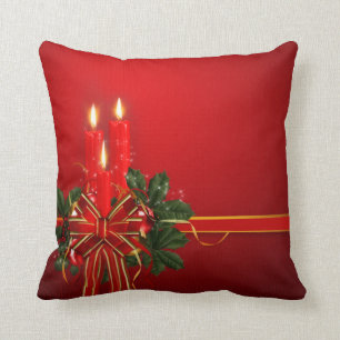 Red Candles Ribbon and Holly Throw Pillow