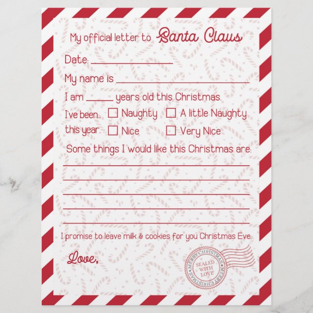 Red Candy Cane Letter to Santa Claus Stationary (Front)