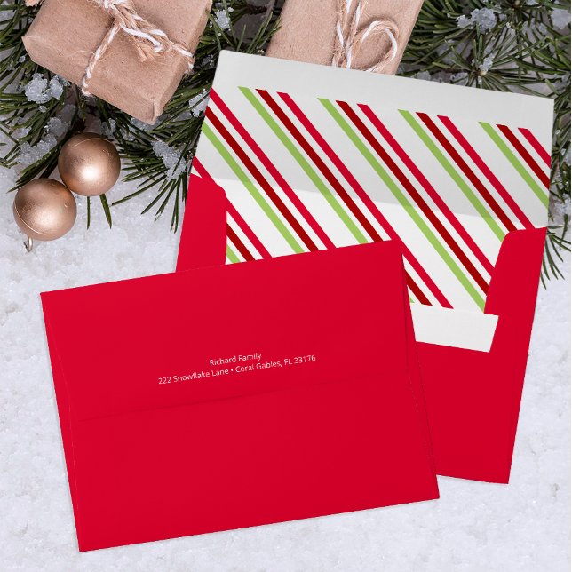 Red Candy Cane Lined Holiday Envelope (Red Candy Cane Stripe Christmas Baby Shower Return Addressed Envelope)