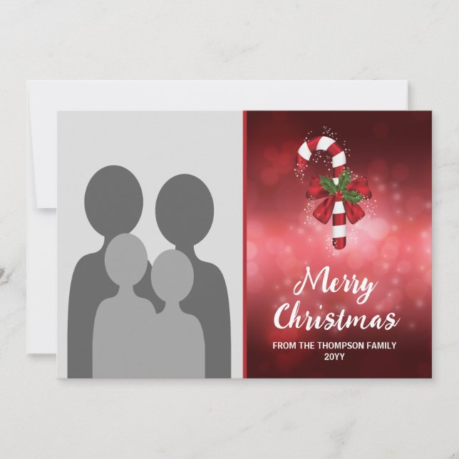 Red Candy Cane On A Red Bokeh Background Holiday Card (Front)