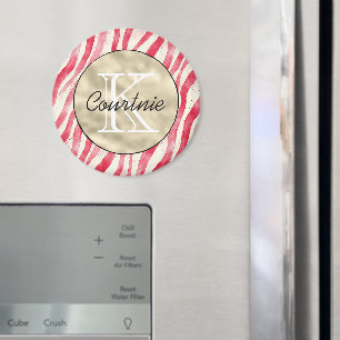 Red Candy Cane Stripes Gold Monogram Magnet