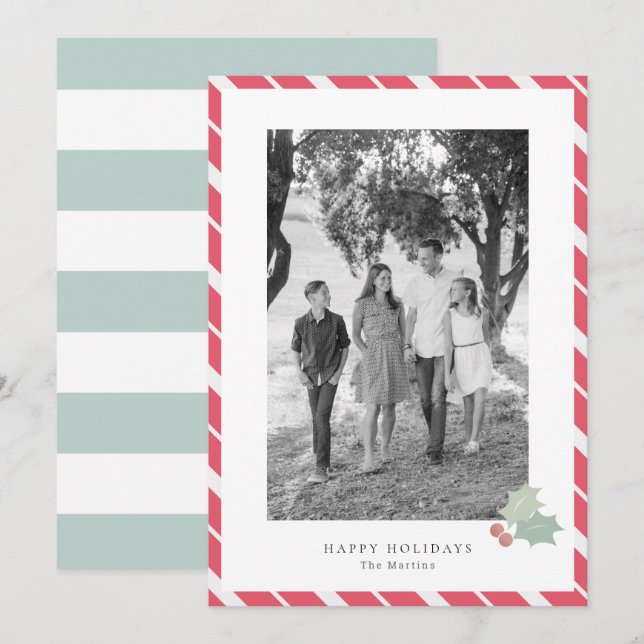 Red Candy Cane Stripes Modern Photo Holiday Card (Front/Back)