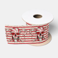 Red Candy Cane Sugar Skull Satin Ribbon