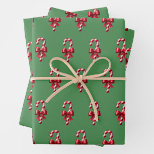 Red Candy Canes On A Green Background Wrapping Paper Sheet