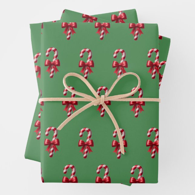 Red Candy Canes On A Green Background Wrapping Paper Sheet (In situ)