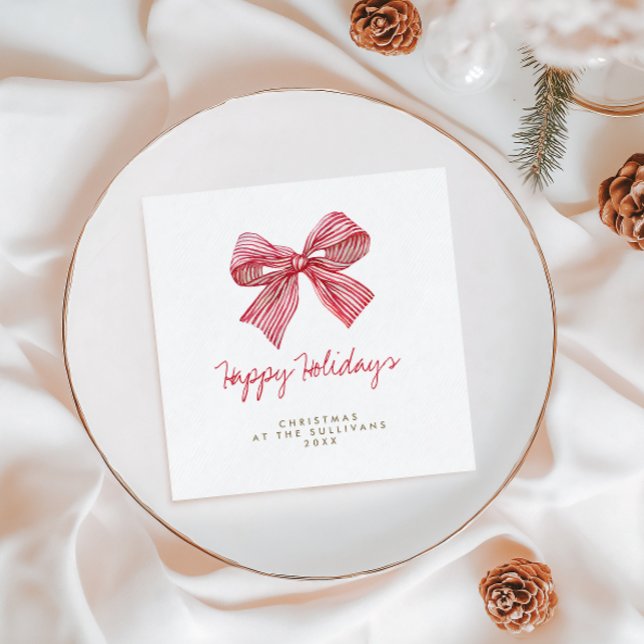 Red Candy Stripe Bow Personalized Holiday Party Napkin (Creator Uploaded)