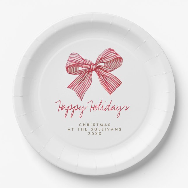 Red Candy Stripe Bow Personalized Holiday Party Paper Plate (Front)