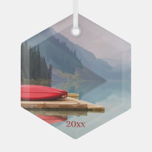 Red Canoe Mountain Lake Scenic Wilderness Custom Glass Ornament