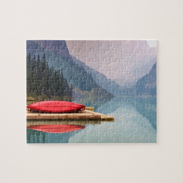 Red Canoe on Tranquil Mountain Lake Wilderness art Jigsaw Puzzle (Horizontal)
