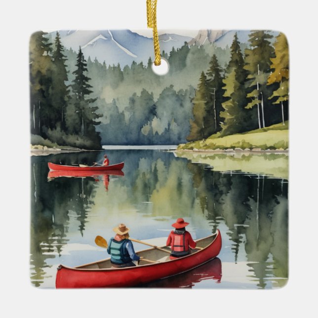 Red Canoe Wilderness Lake Camping Christmas Ceramic Ornament (Front)