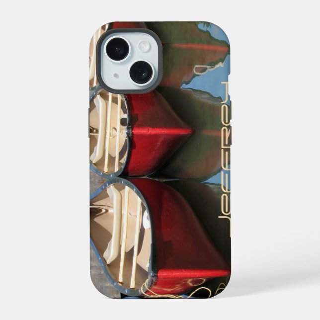 Red Canoes & Reflections, Rugged iPhone 15 Case (Back)