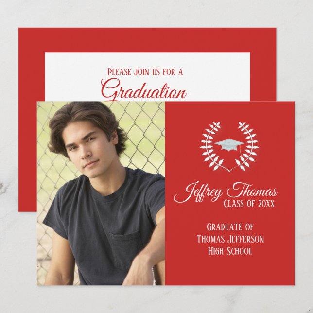 Red Cap & Leaves Grad Invitation 5" x 7" (Front/Back)