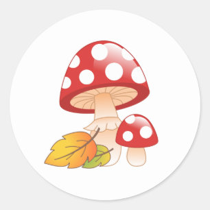 Red Cap Toadstool Mushrooms and Leaves Classic Round Sticker