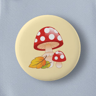 Red Cap Toadstool Mushrooms and Leaves on Yellow 2 Inch Round Button
