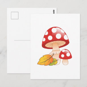 Red Cap Toadstool Mushrooms and Leaves Postcard