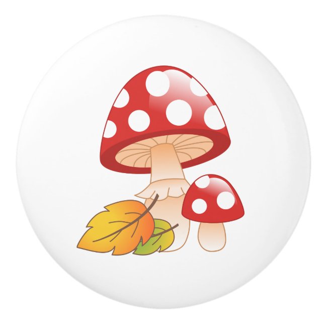 Red Cap Toadstool Mushrooms with Leaves Ceramic Knob (Front)