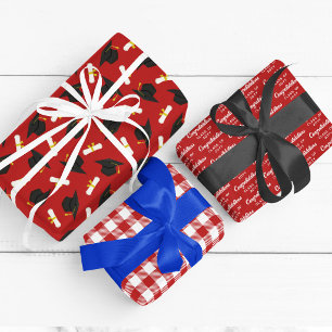Red Caps Diplomas Mixed Graduation Patterns Wrapping Paper Sheet