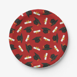 Red Caps Diplomas Pattern Graduation Party Paper Plate