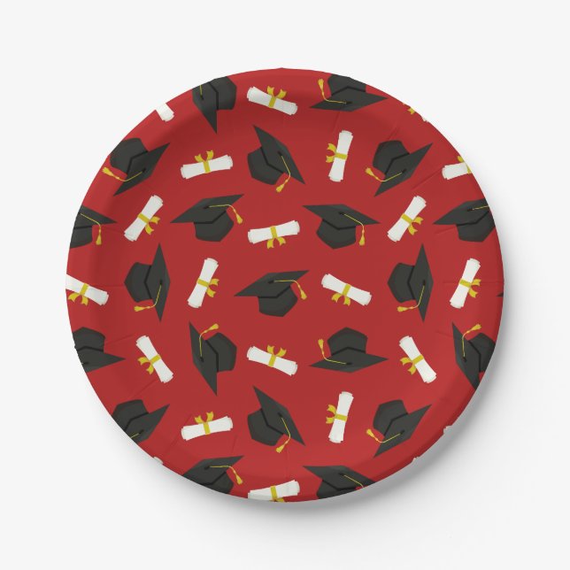 Red Caps Diplomas Pattern Graduation Party Paper Plate (Front)