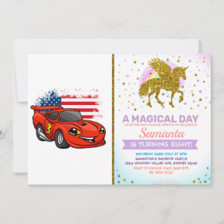 Red car american flag cartoon -Choose back colour Invitation