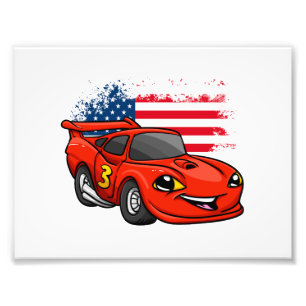 Red car american flag cartoon -Choose back colour Photo Print