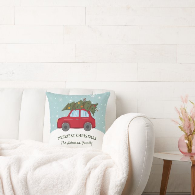 Red Car Carrying Tree Merriest Christmas Throw Pillow (Couch)