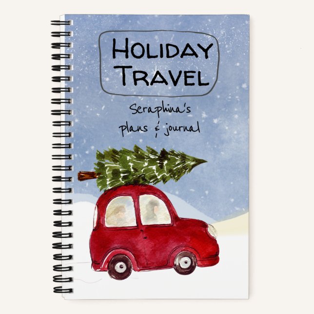 Red Car Christmas Tree Holiday Travel Notebook (Front)