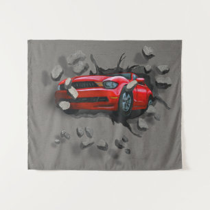 Red Car Crashing Through Wall Tapestry