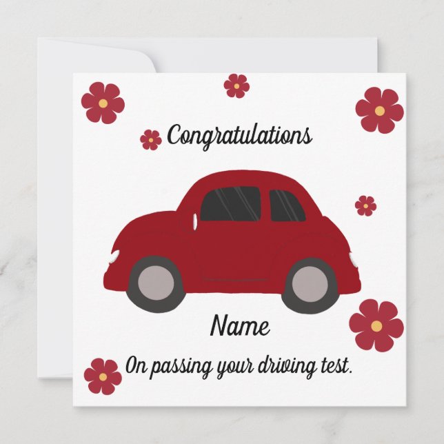 Red car flowers driving test congratulations card (Front)