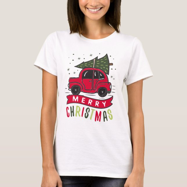 Red Car Merry Christmas Tree Colourful Funny T-Shi T-Shirt (Front)