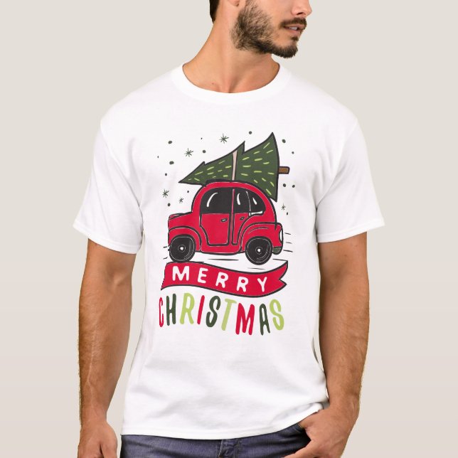 Red Car Merry Christmas Tree Colourful Funny T-Shirt (Front)