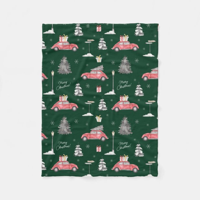 Red Car Winter Pattern Merry Christmas Green Small Fleece Blanket (Front)
