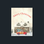 Red Car Winter Scene Merry Christmas Canvas Print<br><div class="desc">Beautiful watercolor style rustic winter scene to celebrate the Christmas season. Classic vintage red car with Christmas tree. Rustic cabin with snow scene.</div>
